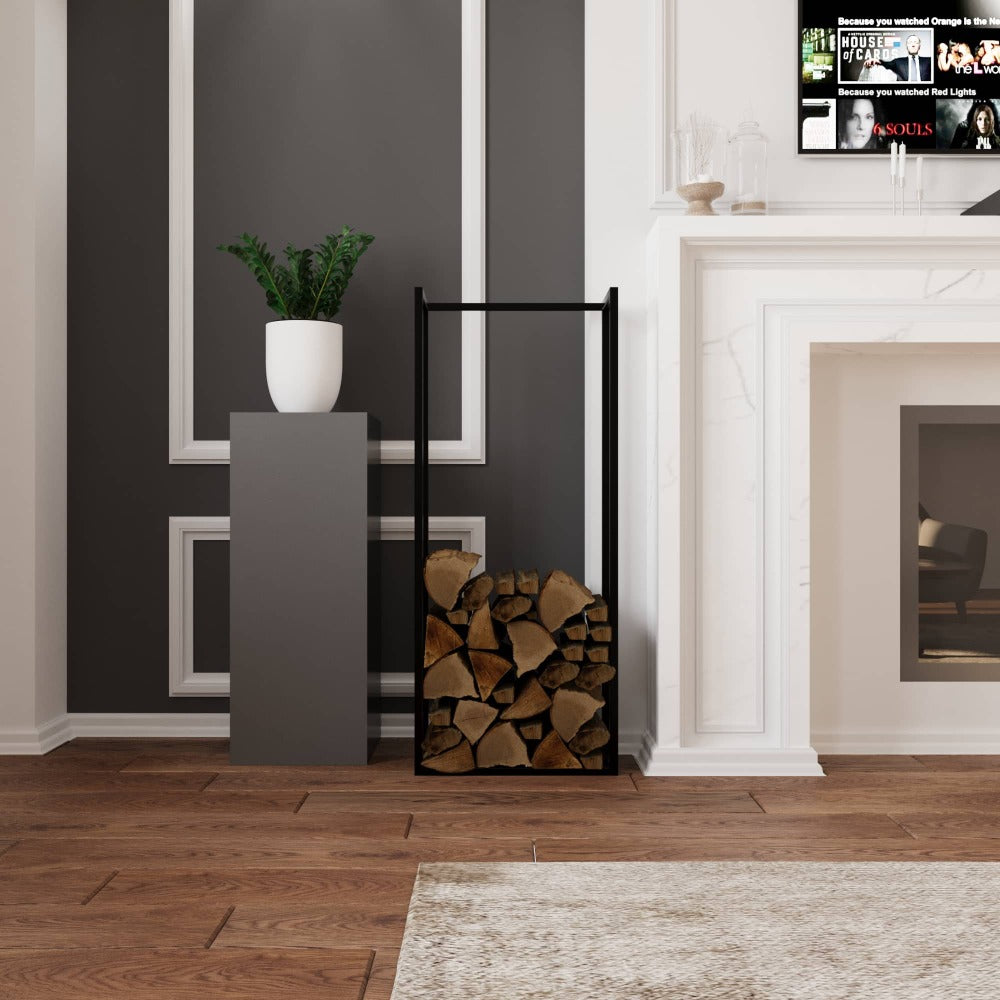 Minimalist black metal wood holder filled with firewood, styled in a modern living room with dark gray walls, white trims, and wooden flooring