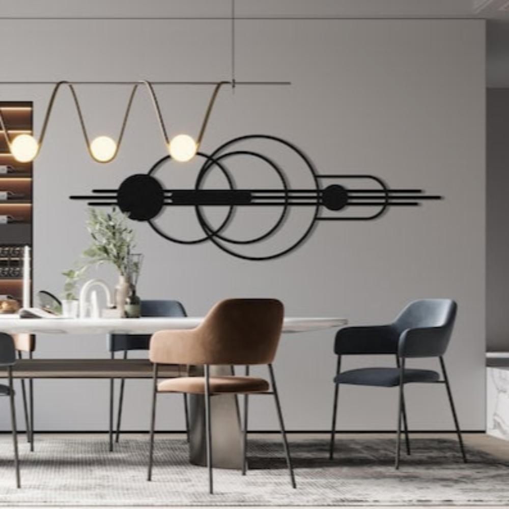 Black Mid-Century Geometric Metal Wall Art in a dining room