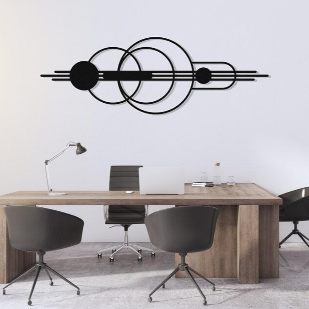 Black Mid-Century Geometric Metal Wall Art in an office