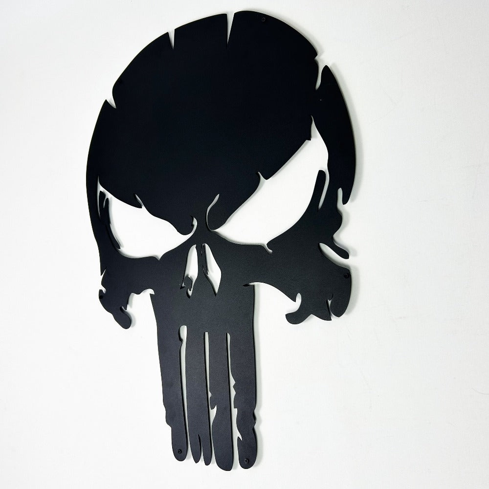 Close-up of black Punisher Skull Metal Wall Art details