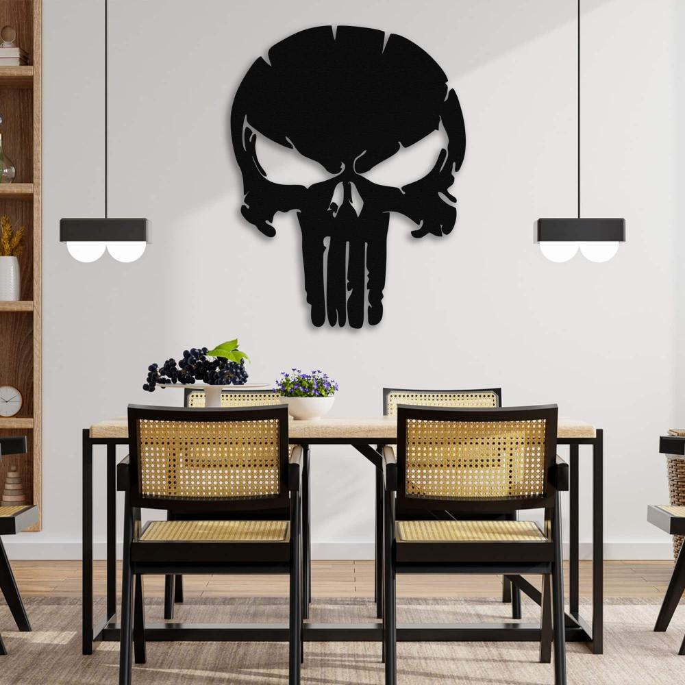 Black Punisher Skull Metal Wall Art in a dining room