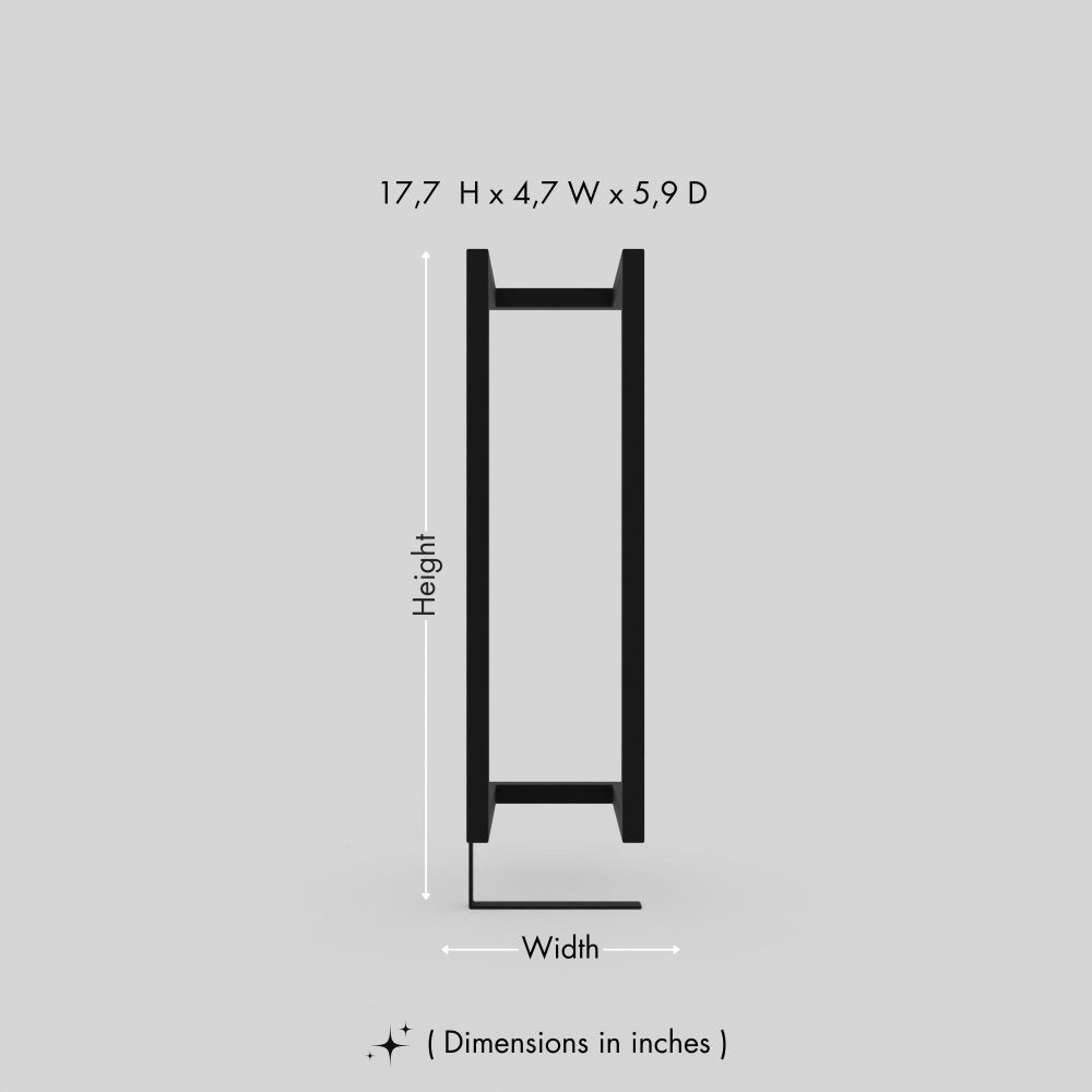 A black wall-mounted toilet paper holder with dimensions of 17.7 inches in height, 4.7 inches in width, and 5.9 inches in depth, displayed on a plain gray background.. This diagram is labelled in inches; centimetre values are shown beside the image.