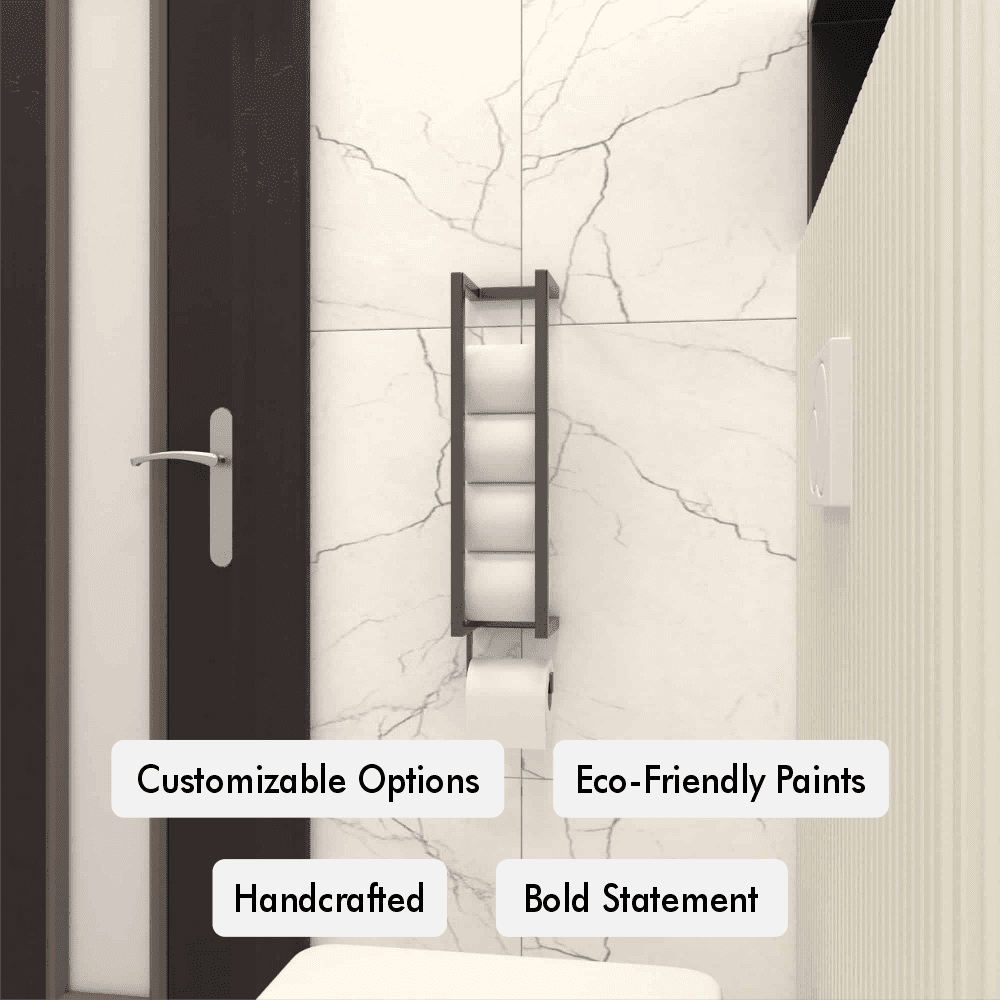 A close-up of a black wall-mounted vertical toilet paper holder in a modern bathroom, showcasing multiple rolls stacked vertically with the in-use roll at the bottom slot.