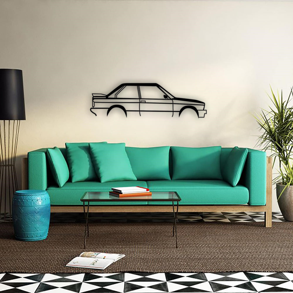 BMW E30 Car Silhouette Metal Wall Art in a living room