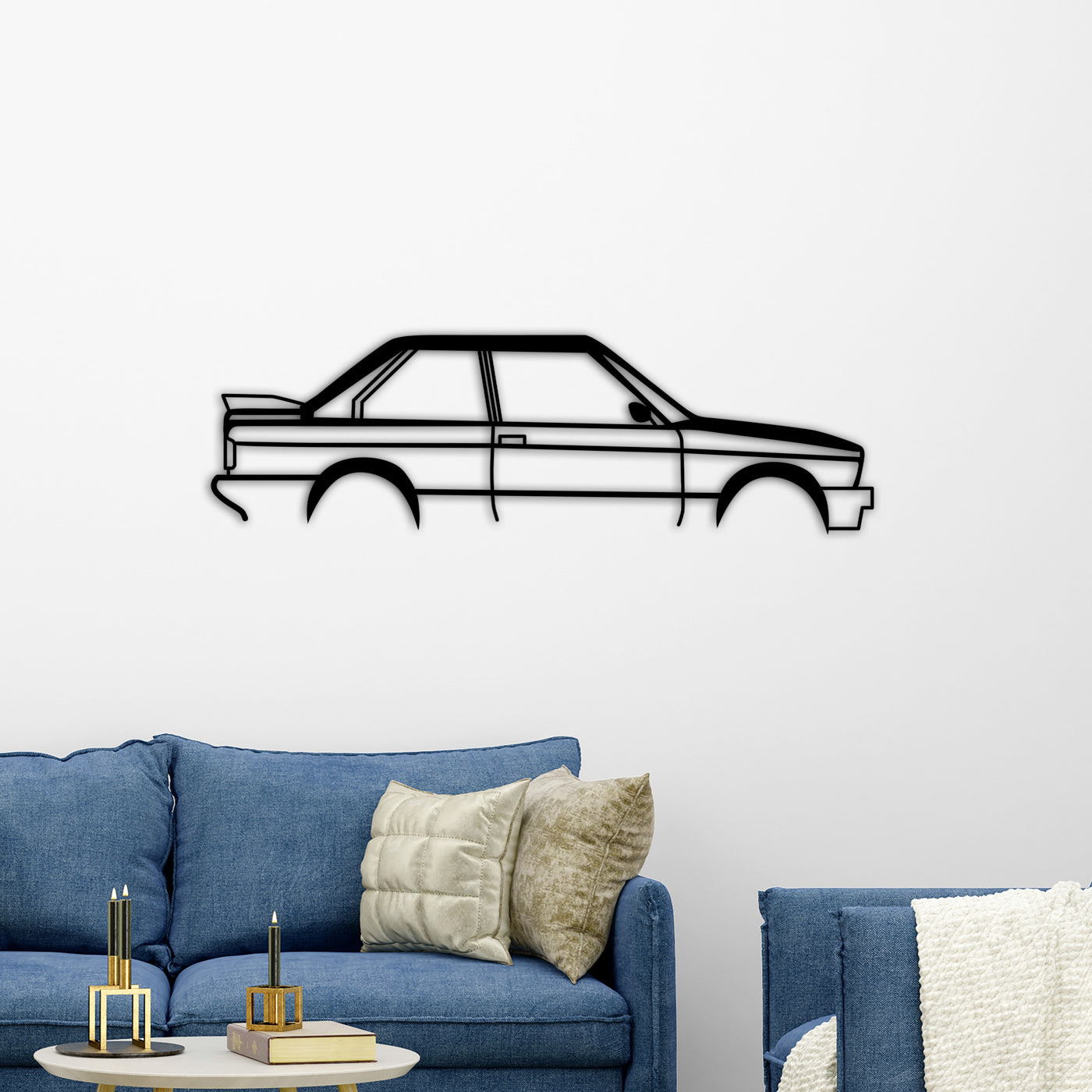 BMW E30 Car Silhouette Metal Wall Art in a living room