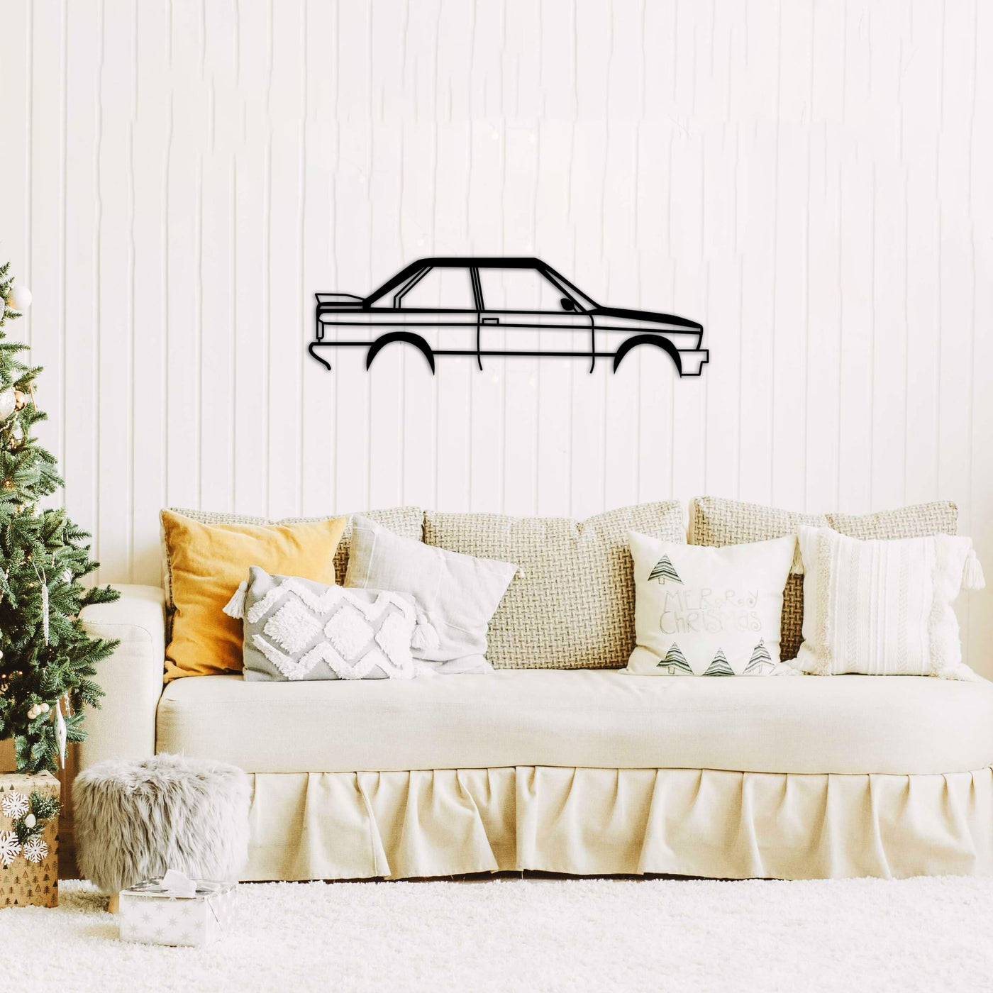 BMW E30 Car Silhouette Metal Wall Art in a living room