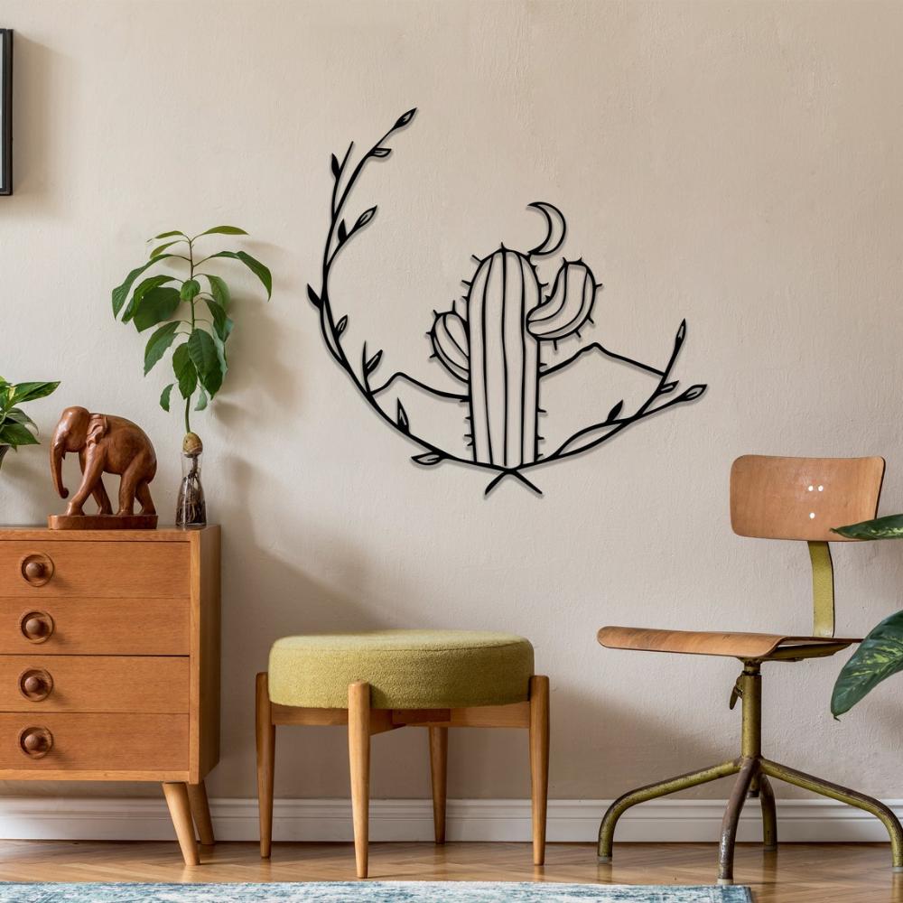 Black Cactus and Moon Metal Wall Art