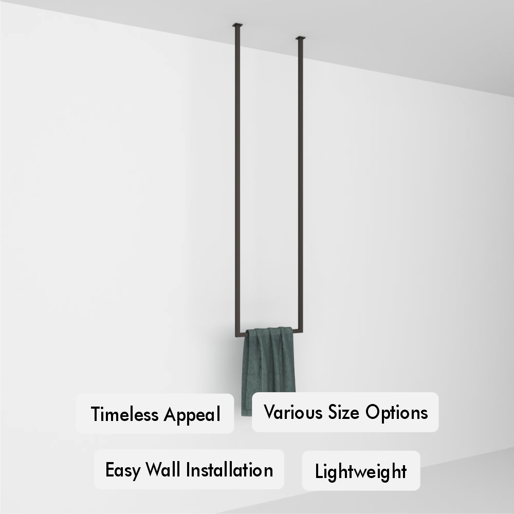 Ceiling towel rack shown against a plain white background with callouts highlighting timeless appeal, various size options, and easy ceiling installation.
