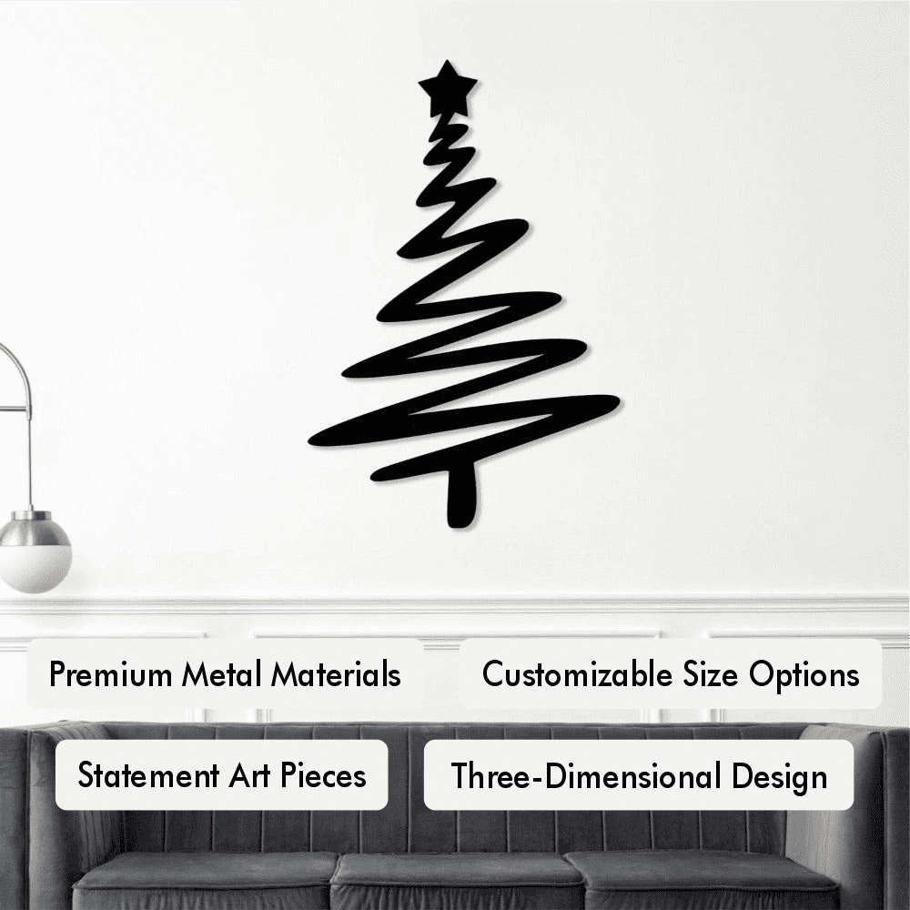 Black Christmas Tree with Star Metal Wall Art in a living room