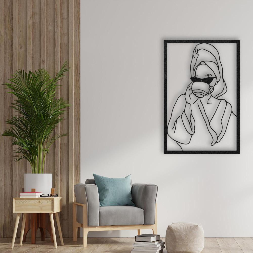 Lady with Coffee Metal Wall Art in a living room