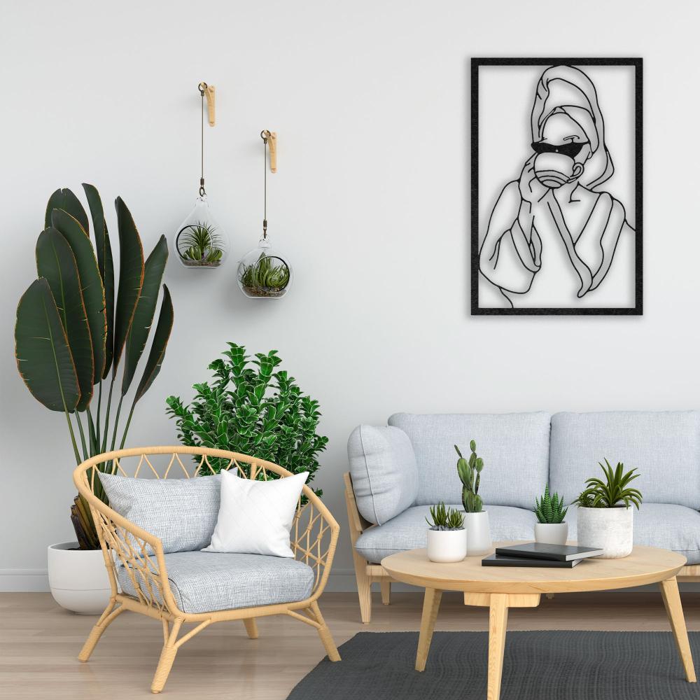 Lady with Coffee Metal Wall Art in a living room