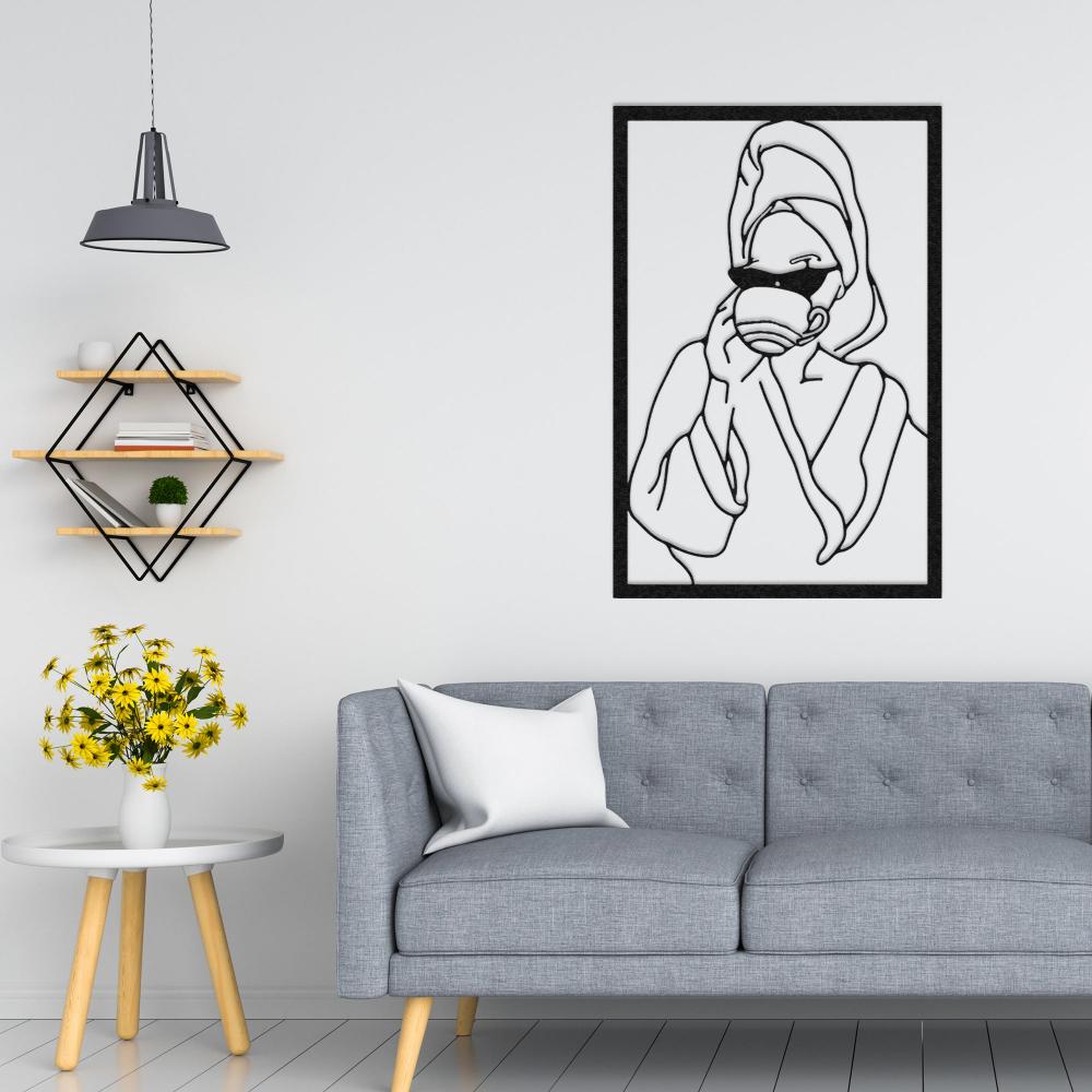 Lady with Coffee Metal Wall Art in a living room