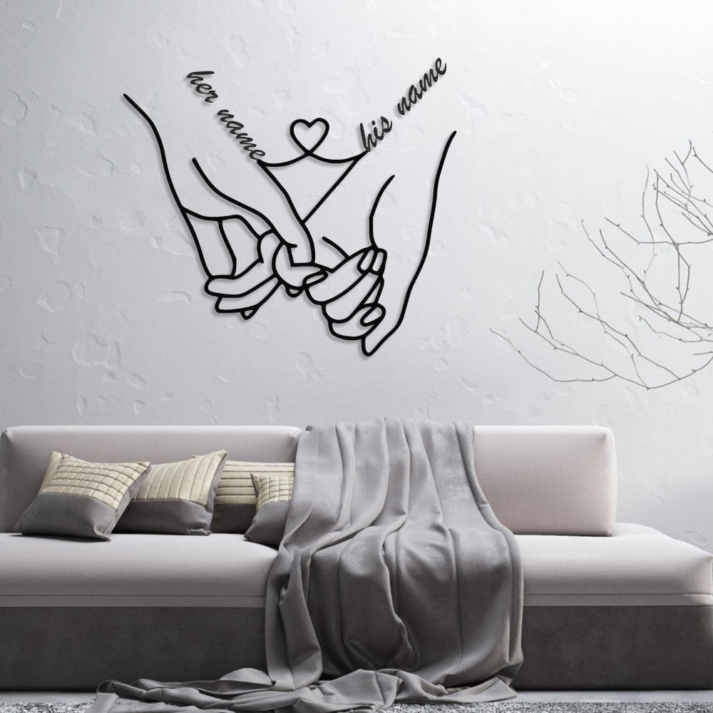 Custom Couple Love Hands Metal Wall Art with placeholder names