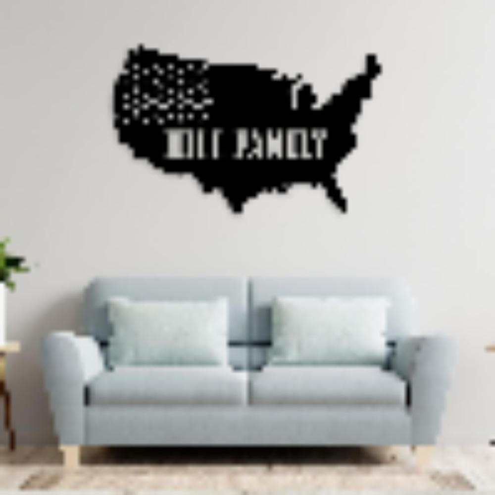 Custom USA Map Metal Wall Art with Hill Family, text