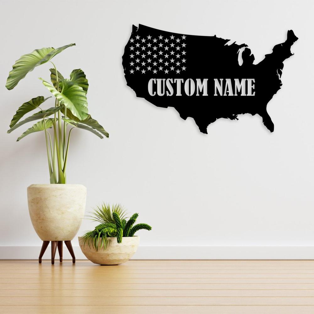 Custom USA Map Metal Wall Art with Custom Name, text