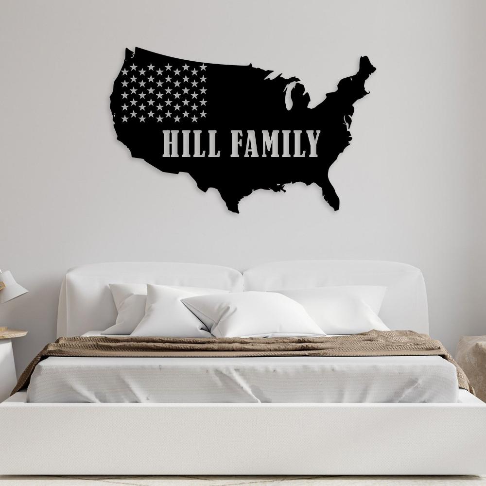 Custom USA Map Metal Wall Art with Hill Family text