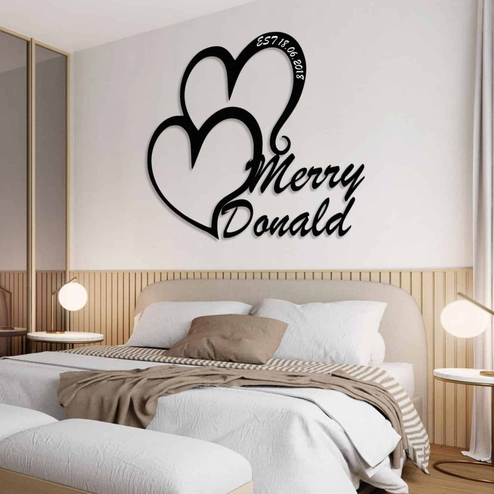 Personalized Double Heart Metal Wall Art with Merry text