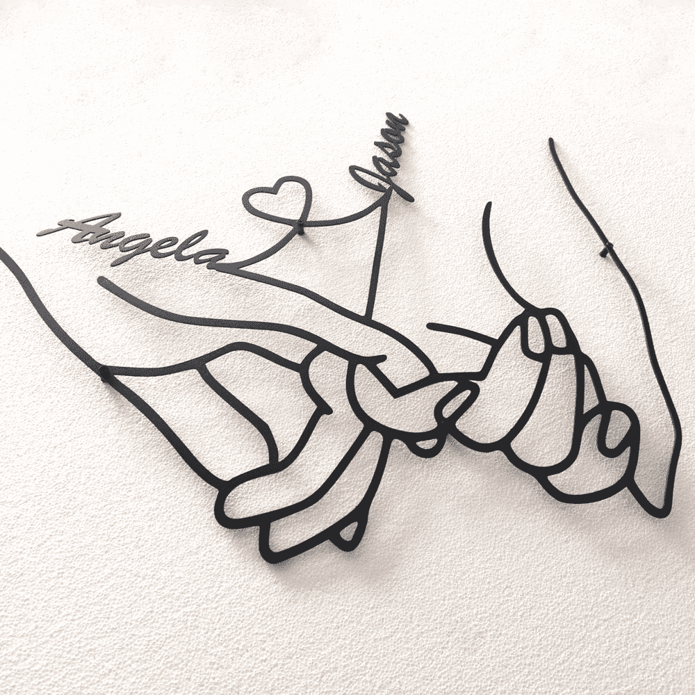Close-up of Custom Couple Love Hands Metal Wall Art with sample names