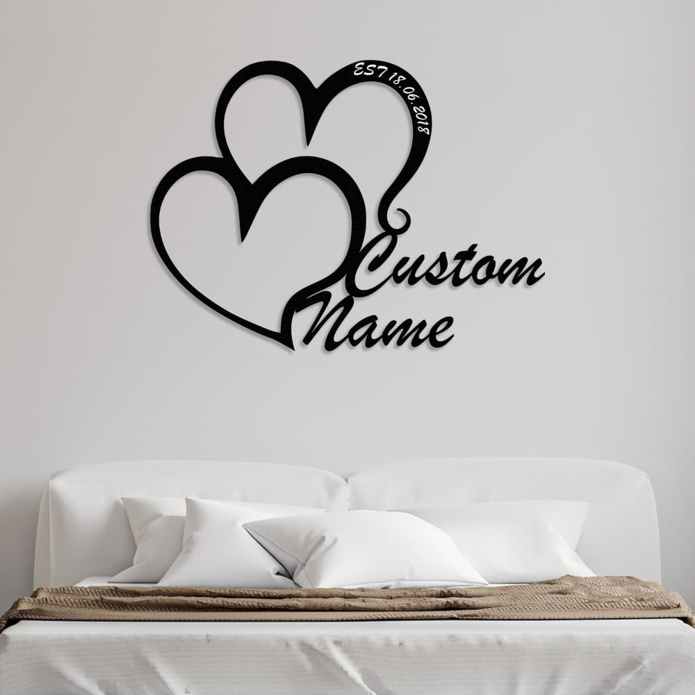 Personalized Double Heart Metal Wall Art with Custom Name text