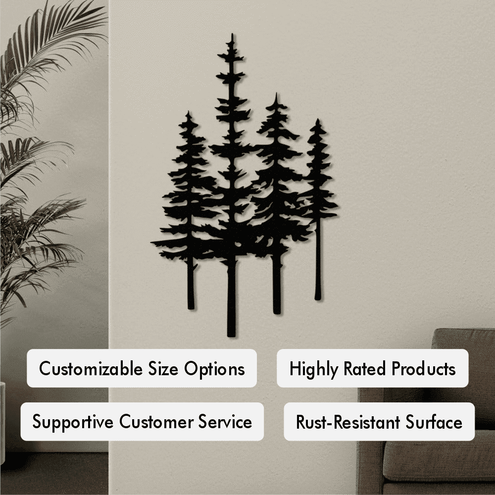 Pine Trees Metal Wall Art feature overview in Black