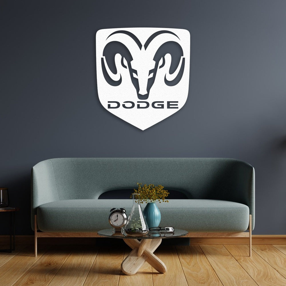 Dodge Metal Car Logo laser-cut metal wall art displayed in a secondary lifestyle setting.