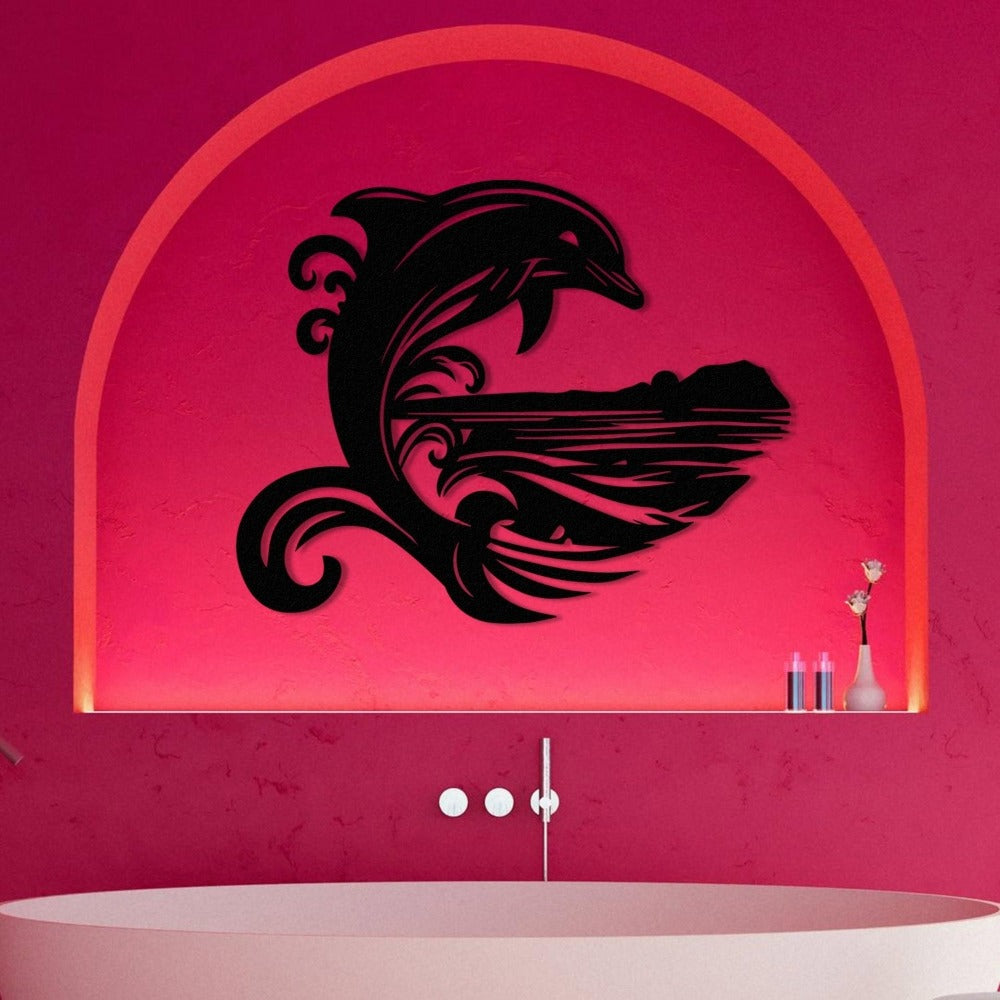 Black Dolphin with Sea Wave Metal Wall Art in a bathroom
