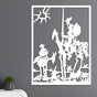 White metal wall art featuring Don Quixote and Sancho Panza depicted in an abstract design, mounted on a gray wall with minimalist decor including a small green plant in a black pot on a white console.