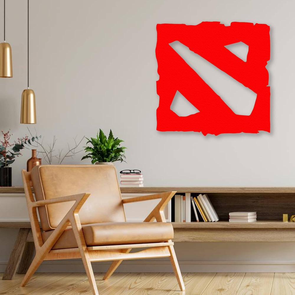 Bright red Dota wall art displayed in a cozy living room above a leather armchair, blending gaming culture with a modern home style.