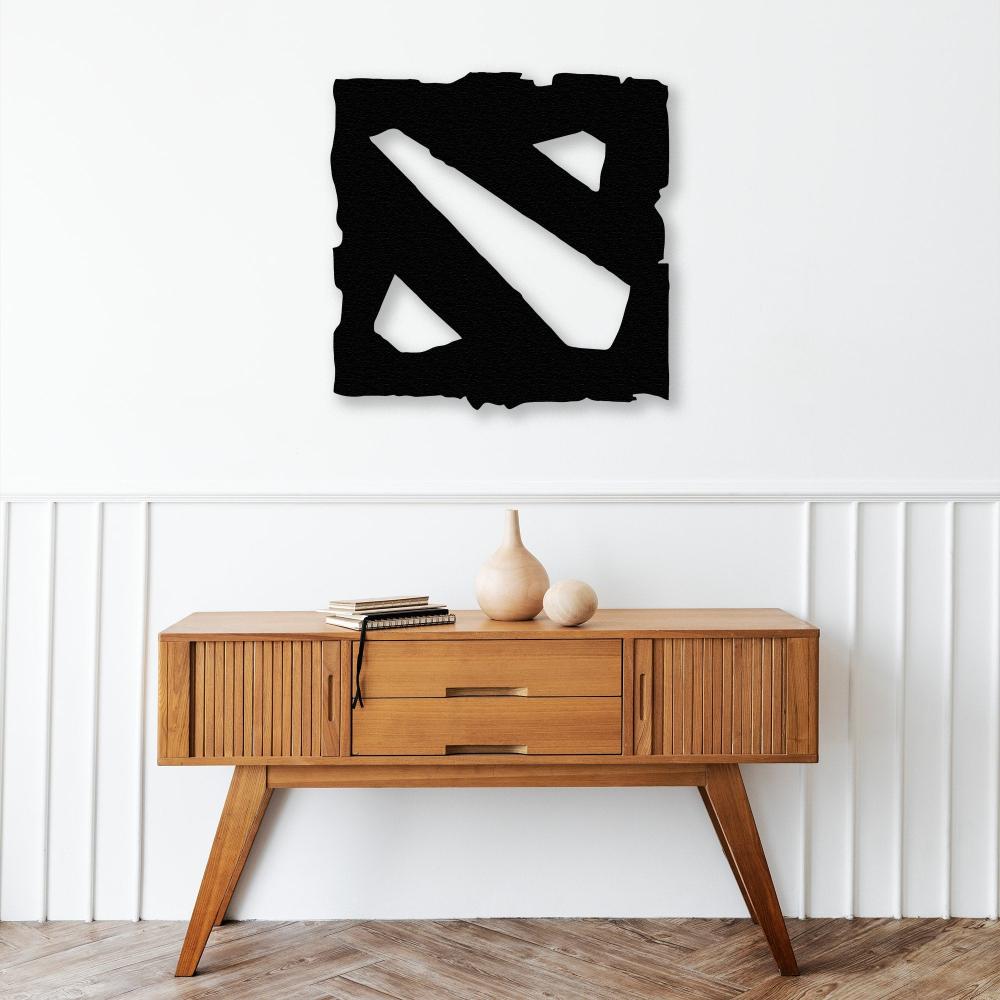 Black Dota metal wall decor above a wooden console table, styled with minimalist vases for a clean and elegant aesthetic.