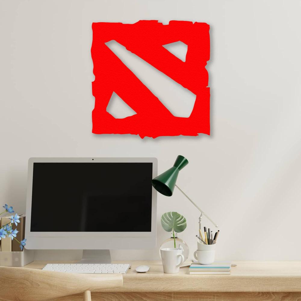 Dota metal wall art in red mounted above a modern workspace setup, featuring a sleek white desk and a green desk lamp.