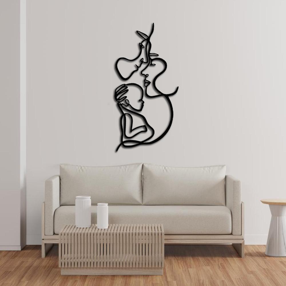 Family-themed line art wall sculpture mounted above a beige sofa in a contemporary living room setting.
