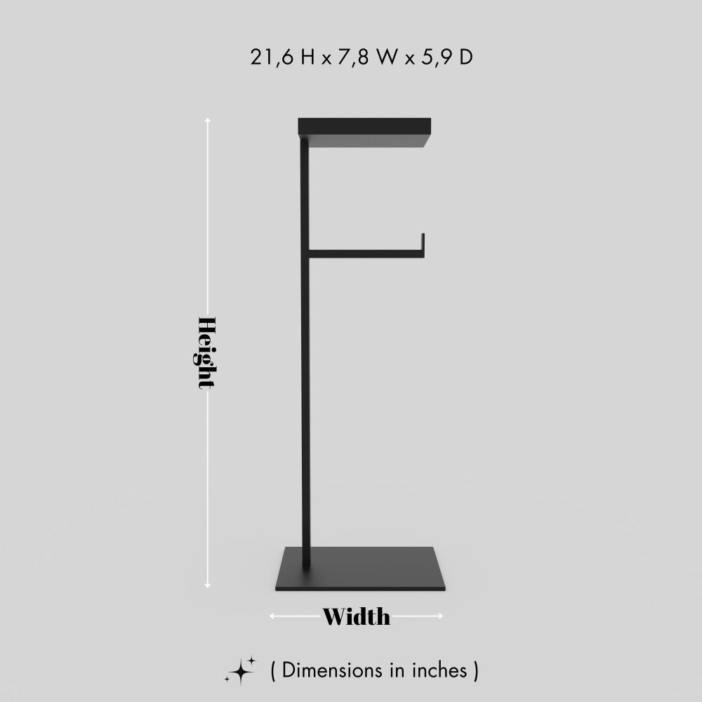 A diagram showing the dimensions of a black floor-mounted toilet paper holder, measuring 21.6 inches in height, 7.8 inches in width, and 5.9 inches in depth.. This diagram is labelled in inches; centimetre values are shown beside the image.