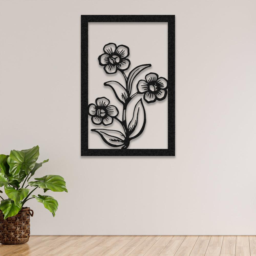 Black Three Flowers and Leaves Metal Wall Art
