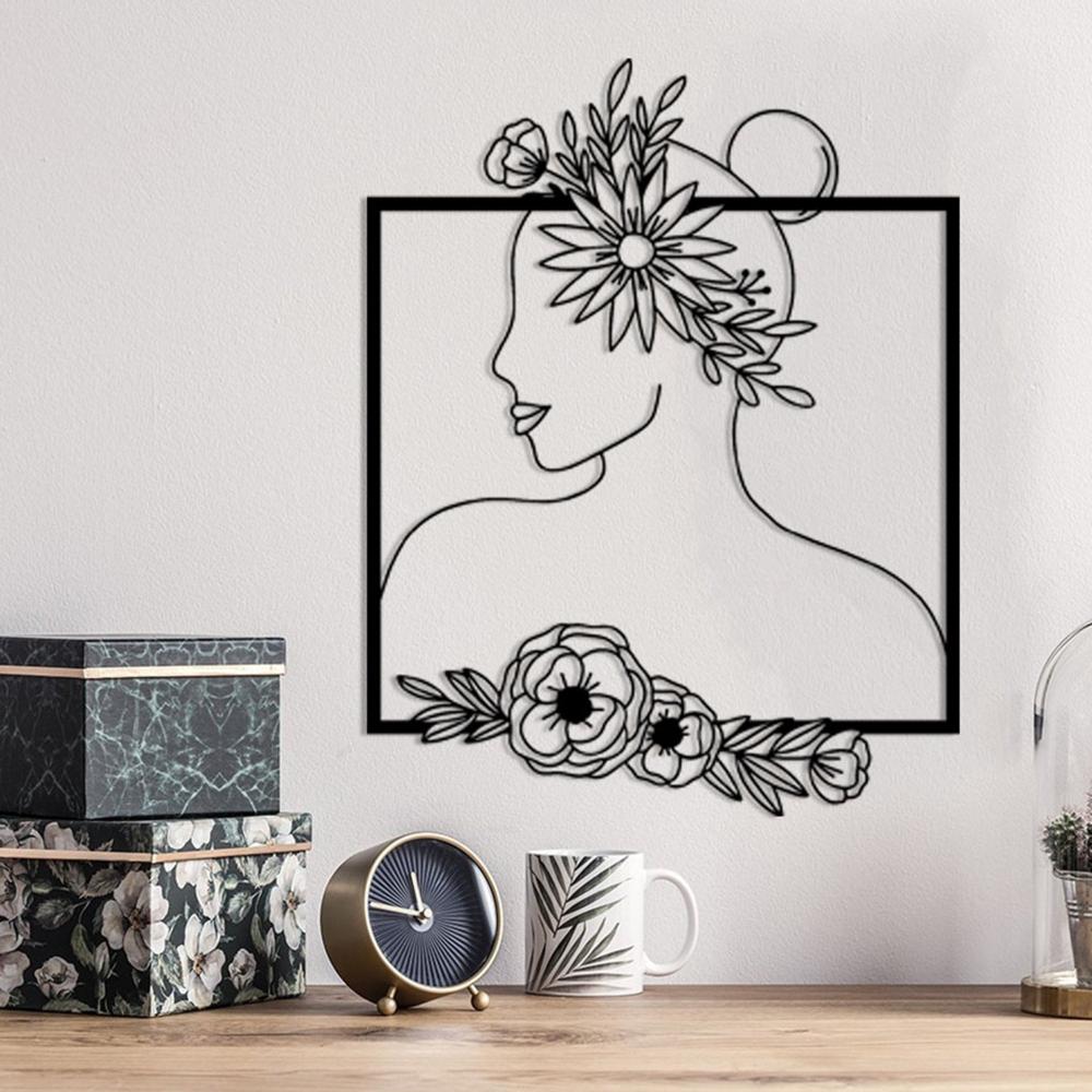 Close-up of Floral Woman Silhouette Metal Wall Art details
