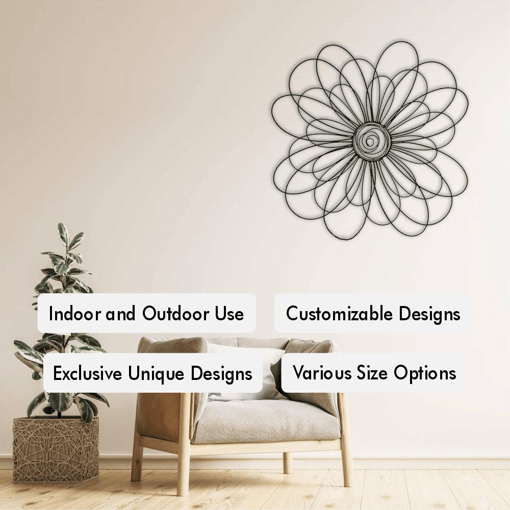 Metal Daisy Wall Art featuring a daisy flower silhouette, mounted above a sofa in a contemporary living room.