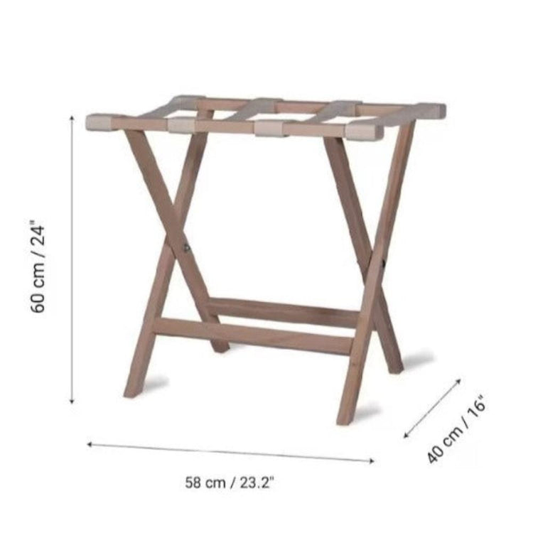 Dimensions illustration of a wooden luggage rack with clear measurements for height, width, and depth.