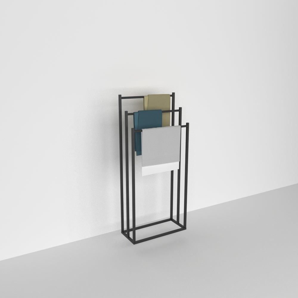 Free standing 3-tier swimming pool towel rack for outdoor towels and poolside storage.