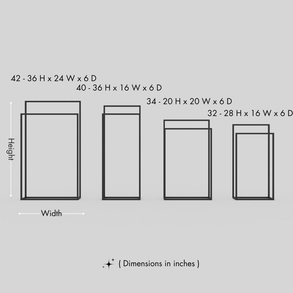Size guide for Free Standing Towel Holder showing 4 available size variants up to 42 x 24 x 6 in, with scale references for comparison.