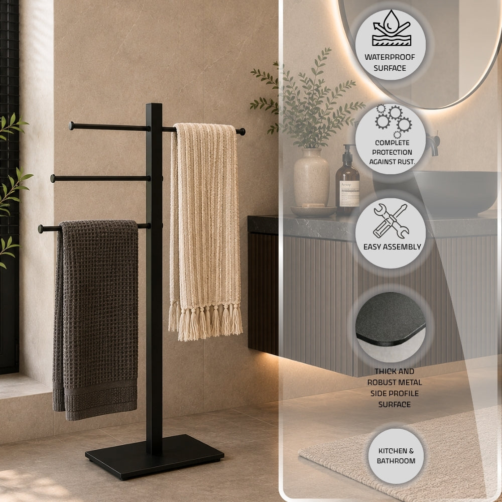 Freestanding 3-bar towel stand feature image with waterproof surface, rust protection, easy assembly, thick metal side profile, and kitchen and bathroom use callouts.