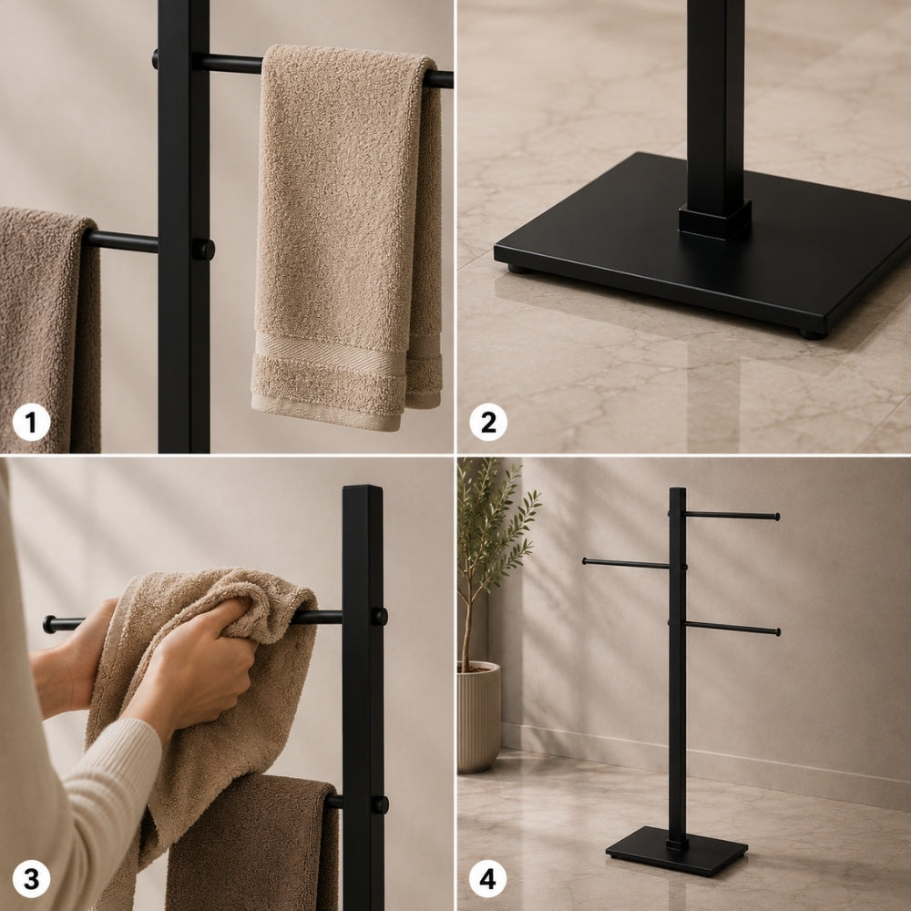 Detail collage for black freestanding 3-bar towel stand showing towel placement, weighted base, cleaning use, and assembled frame.