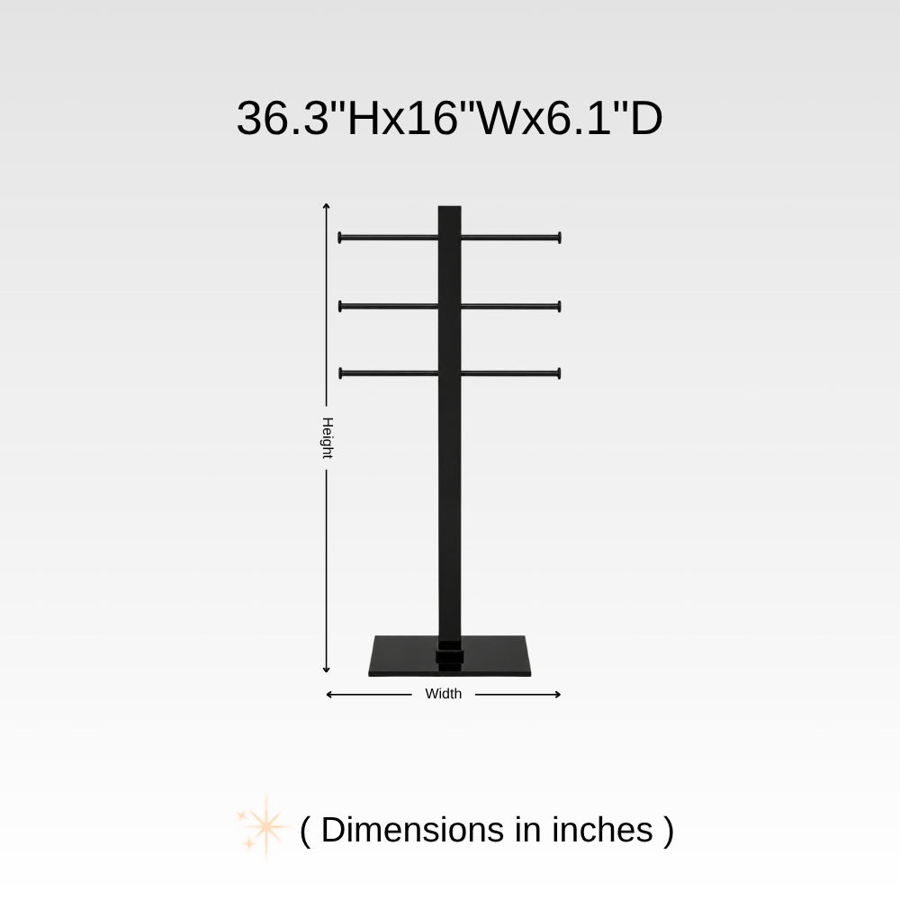 Dimension chart for freestanding 3-bar towel stand showing 36.3 inch height, 16 inch width, and 6.1 inch depth.