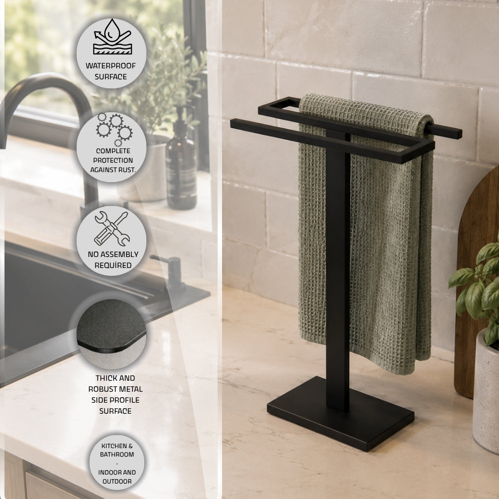 Freestanding countertop double towel holder feature image with waterproof surface, rust protection, no assembly required, thick metal profile, and kitchen and bathroom use callouts.