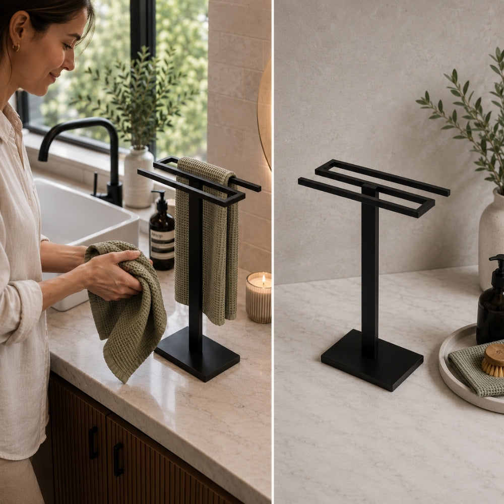 Detail lifestyle collage for black freestanding countertop double towel holder showing towel use and empty stand view.