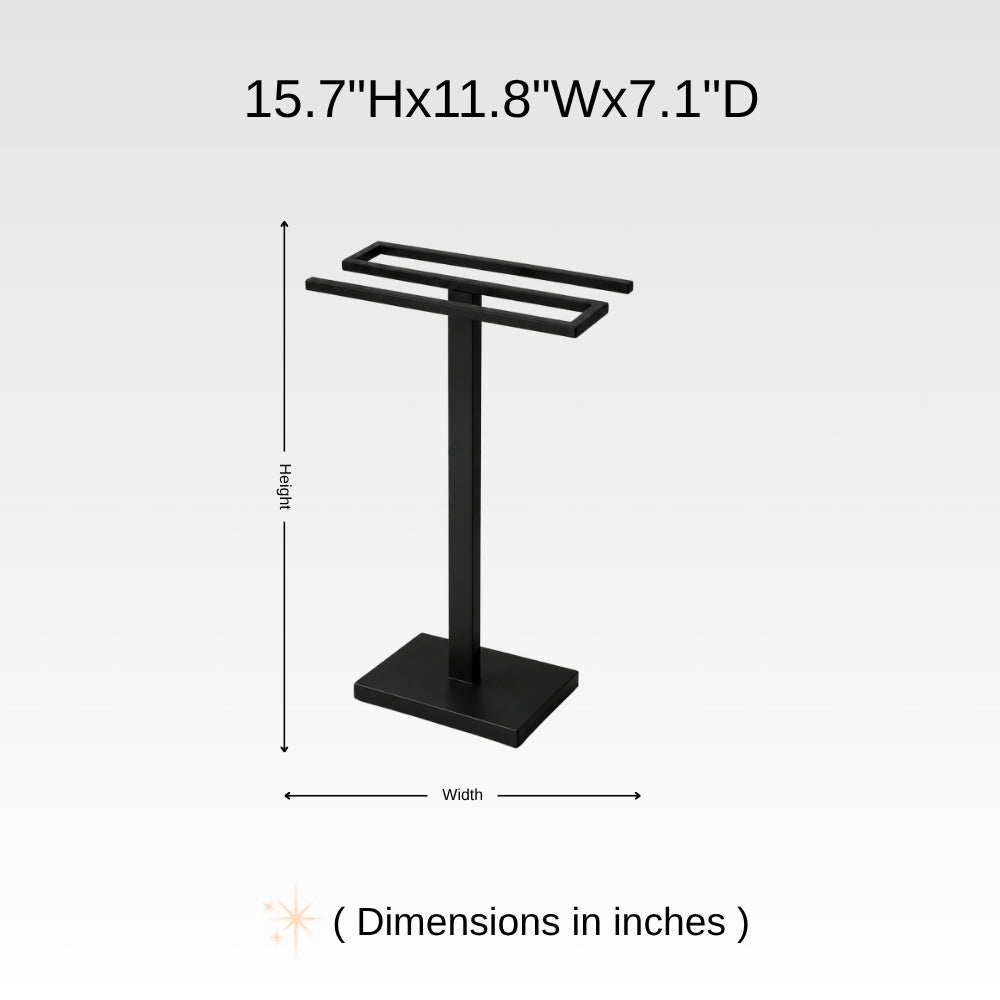 Dimension chart for freestanding countertop double towel holder showing 15.7 inch height, 11.8 inch width, and 7.1 inch depth.. This diagram is labelled in inches; centimetre values are shown beside the image.
