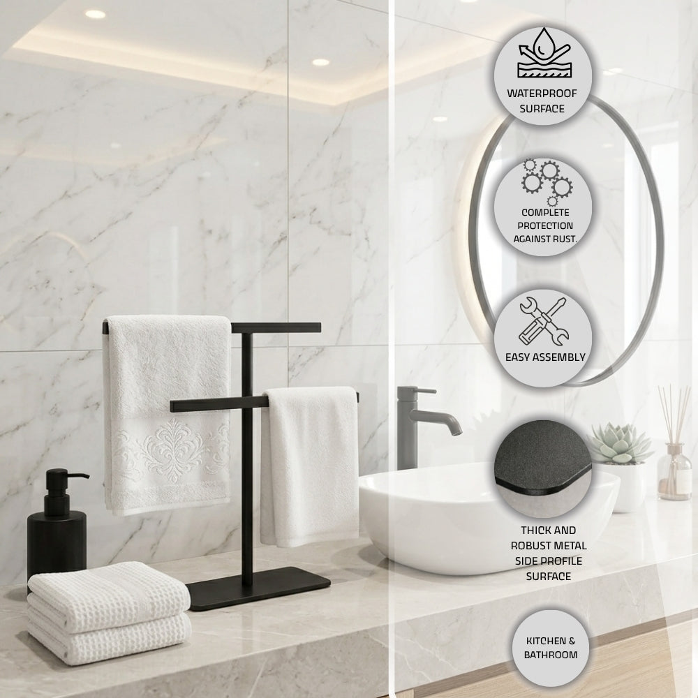 Freestanding countertop towel holder feature image with corrosion protection, water-resistant surface, sturdy metal structure, aesthetic appearance, and easy assembly callouts.