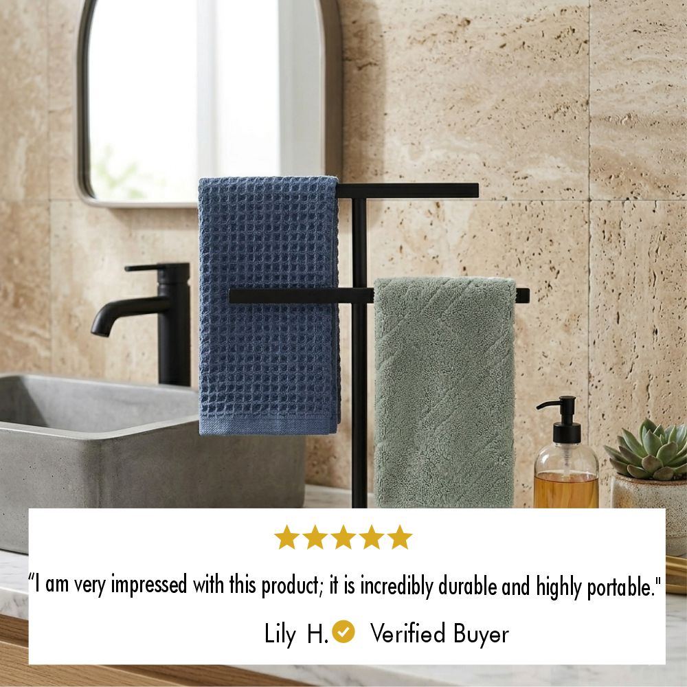 Five-star customer review from verified buyer Lily H. saying the countertop towel holder is sturdy, stylish, and perfect beside the sink.