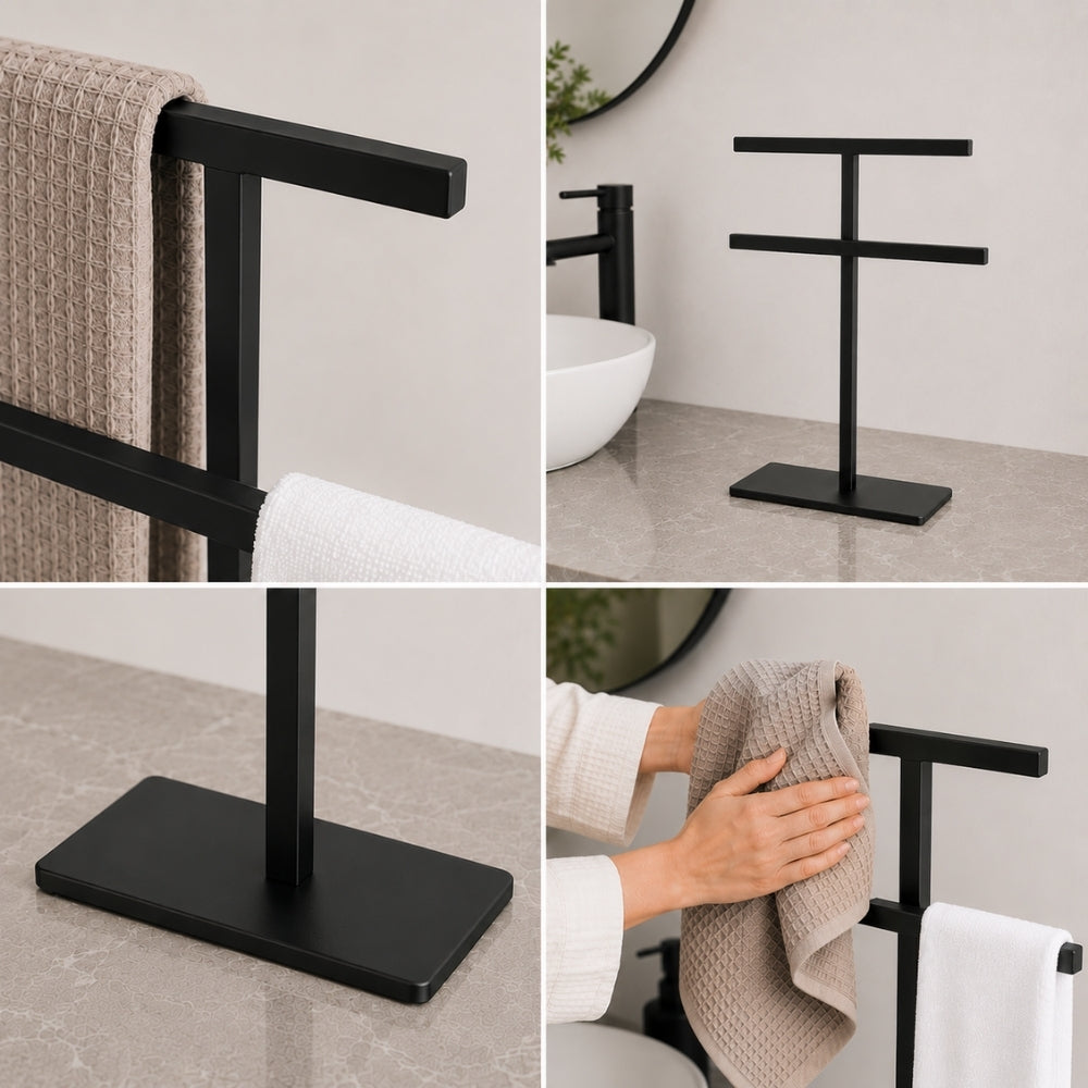 Detail collage for black freestanding countertop towel holder showing metal frame, towel placement, and countertop use.