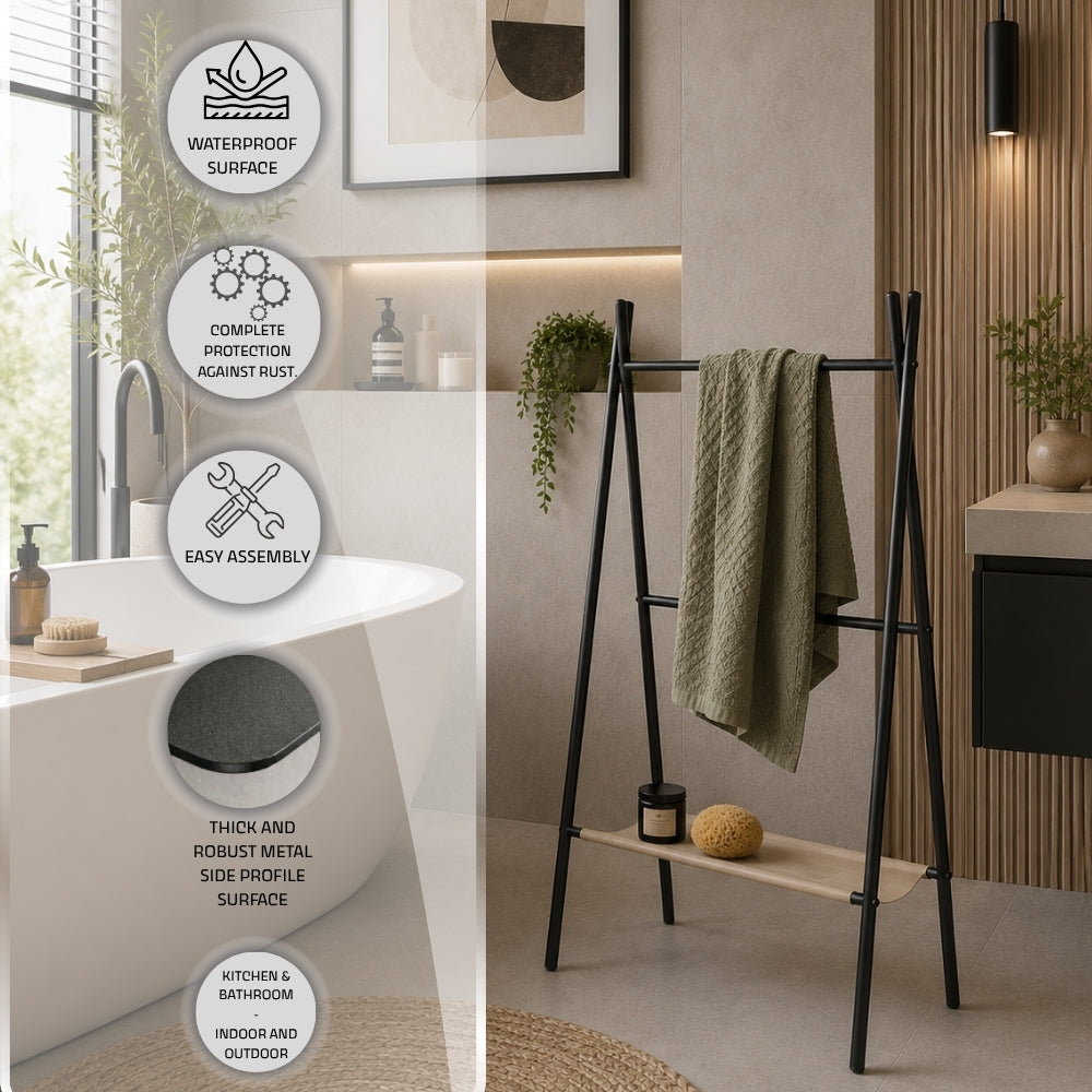 Freestanding ladder towel rack with shelf feature image with waterproof surface, rust protection, easy assembly, thick metal profile, and indoor and outdoor use callouts.