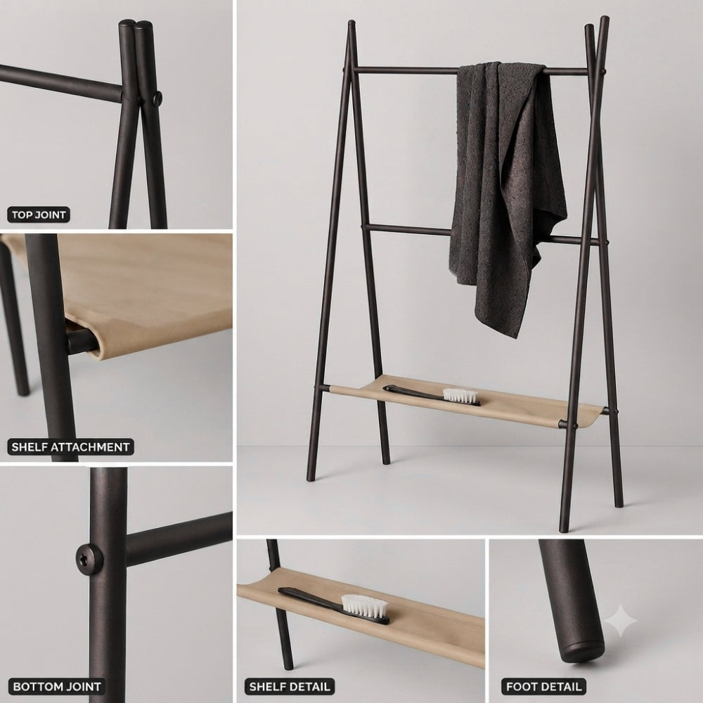 Detail collage for black freestanding ladder towel rack with shelf showing top joint, shelf attachment, bottom joint, shelf detail, and foot detail.