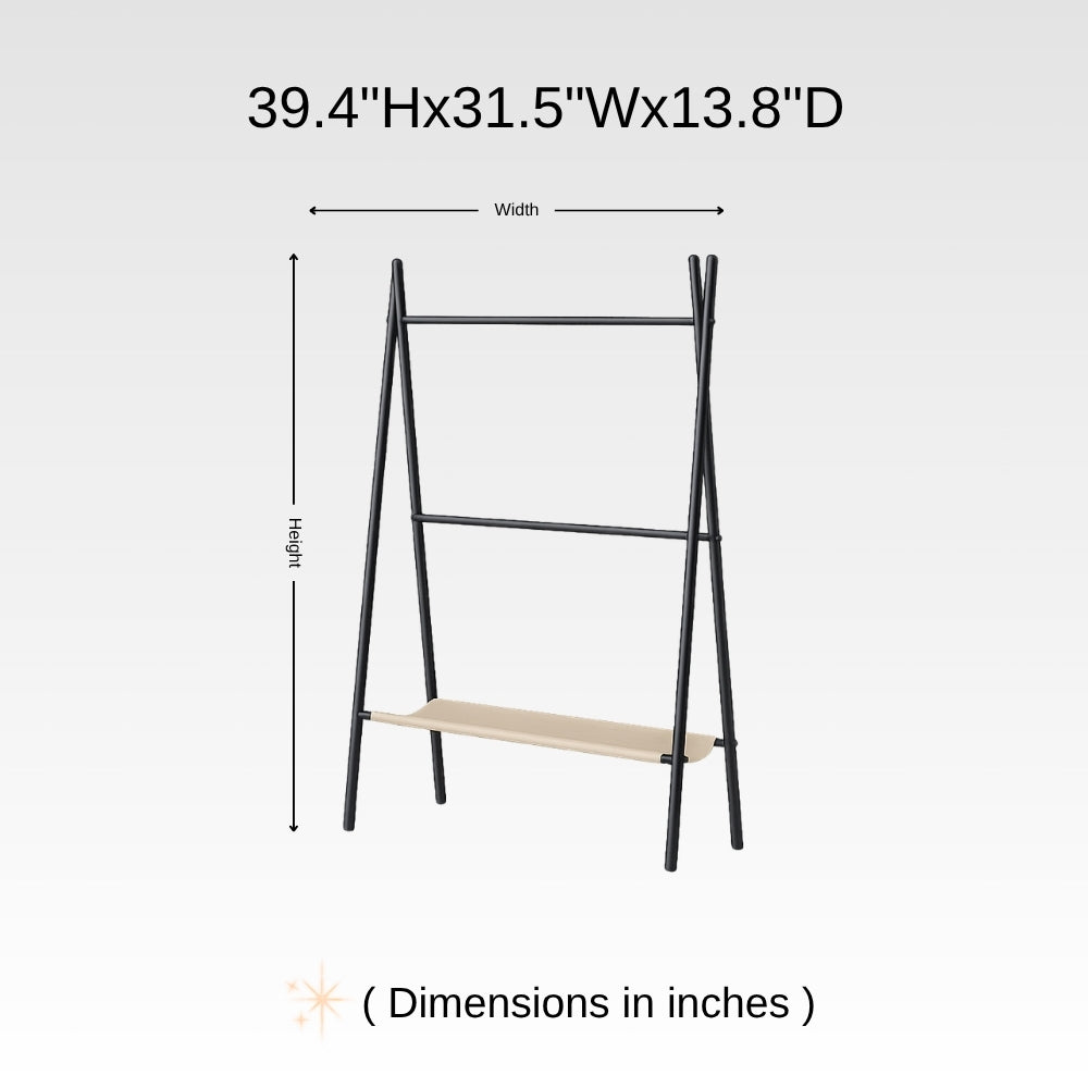 Dimension chart for freestanding ladder towel rack with shelf showing 39.4 inch height, 31.5 inch width, and 13.8 inch depth.